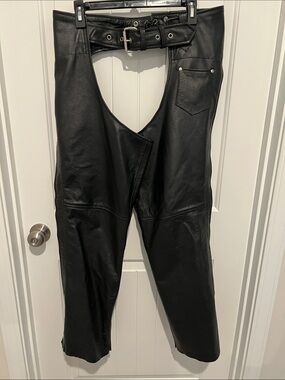 UNIK Leather Apparel Black Leather Bib Chaps with Waist Belt Women’s M